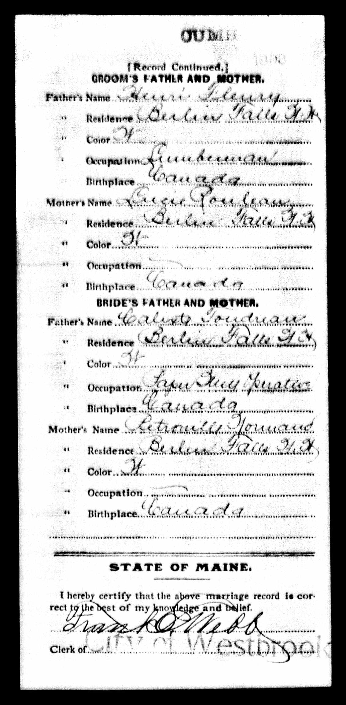Enregistrement du mariage, verso Enregistrement du mariage, verso