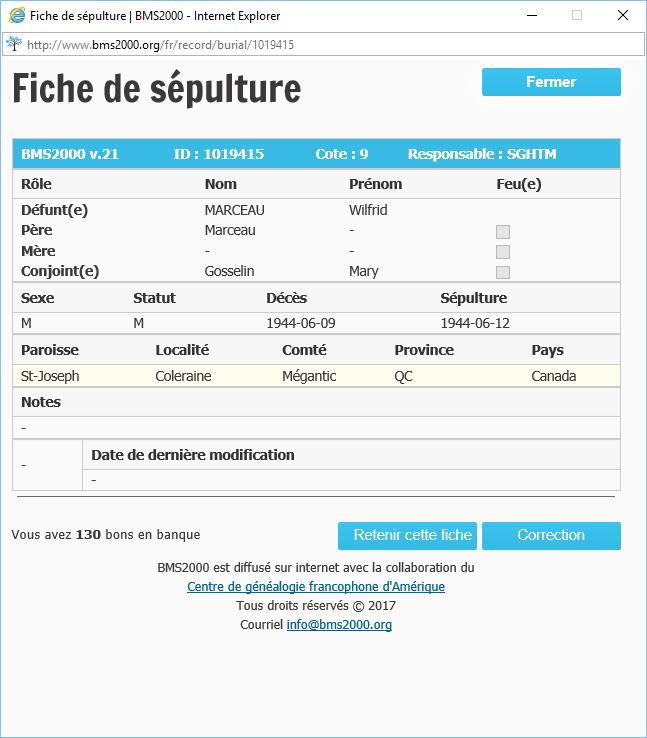 Fiche de sépulture de la base de données BMS2000