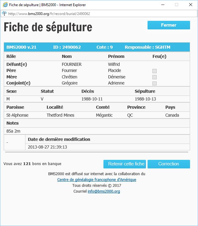 Fiche de sépulture de la base de données BMS2000