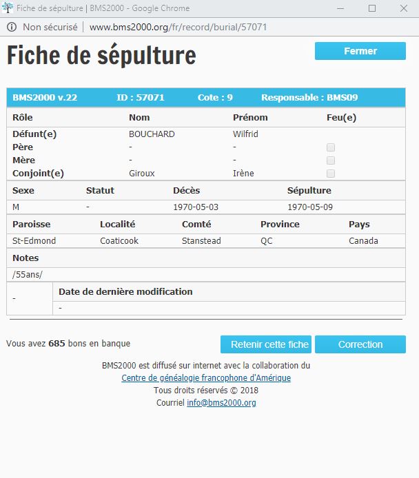 Fiche de sépulture de la base de données BMS2000