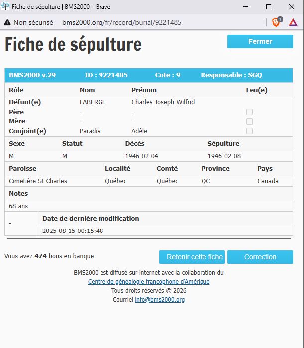Fiche de sépulture de la base de données BMS2000
