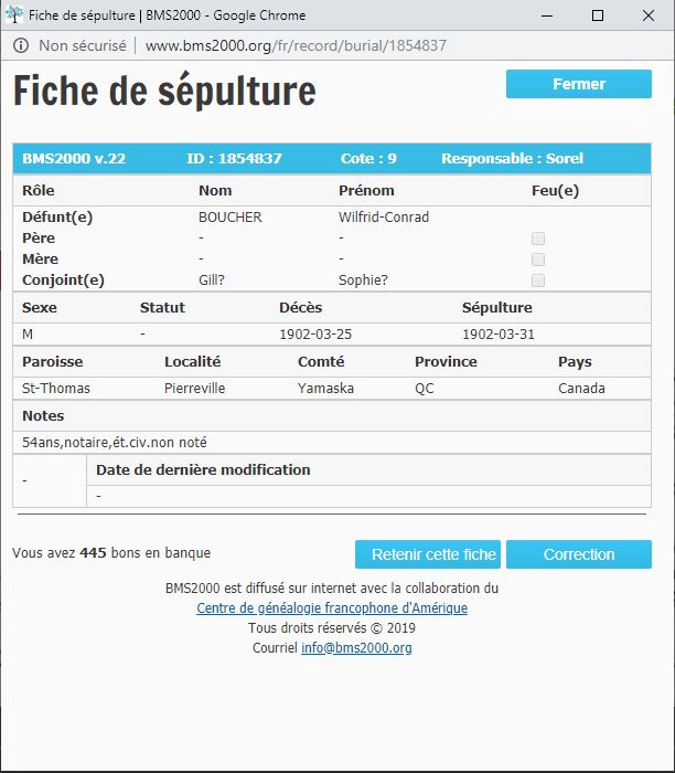 Fiche de sépulture de la base de données BMS2000