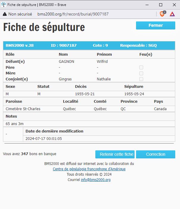 Fiche de sépulture de la base de données BMS2000