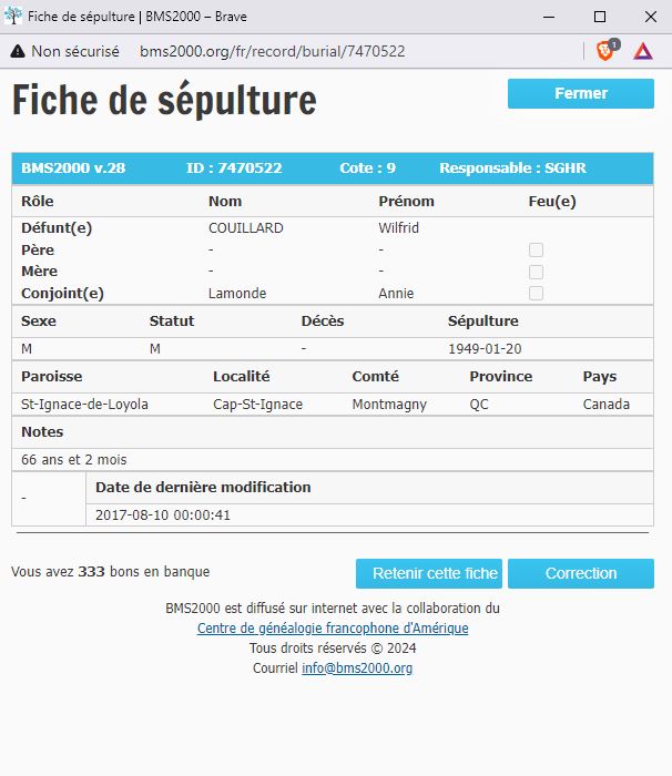 Fiche de sépulture de la base de données BMS2000