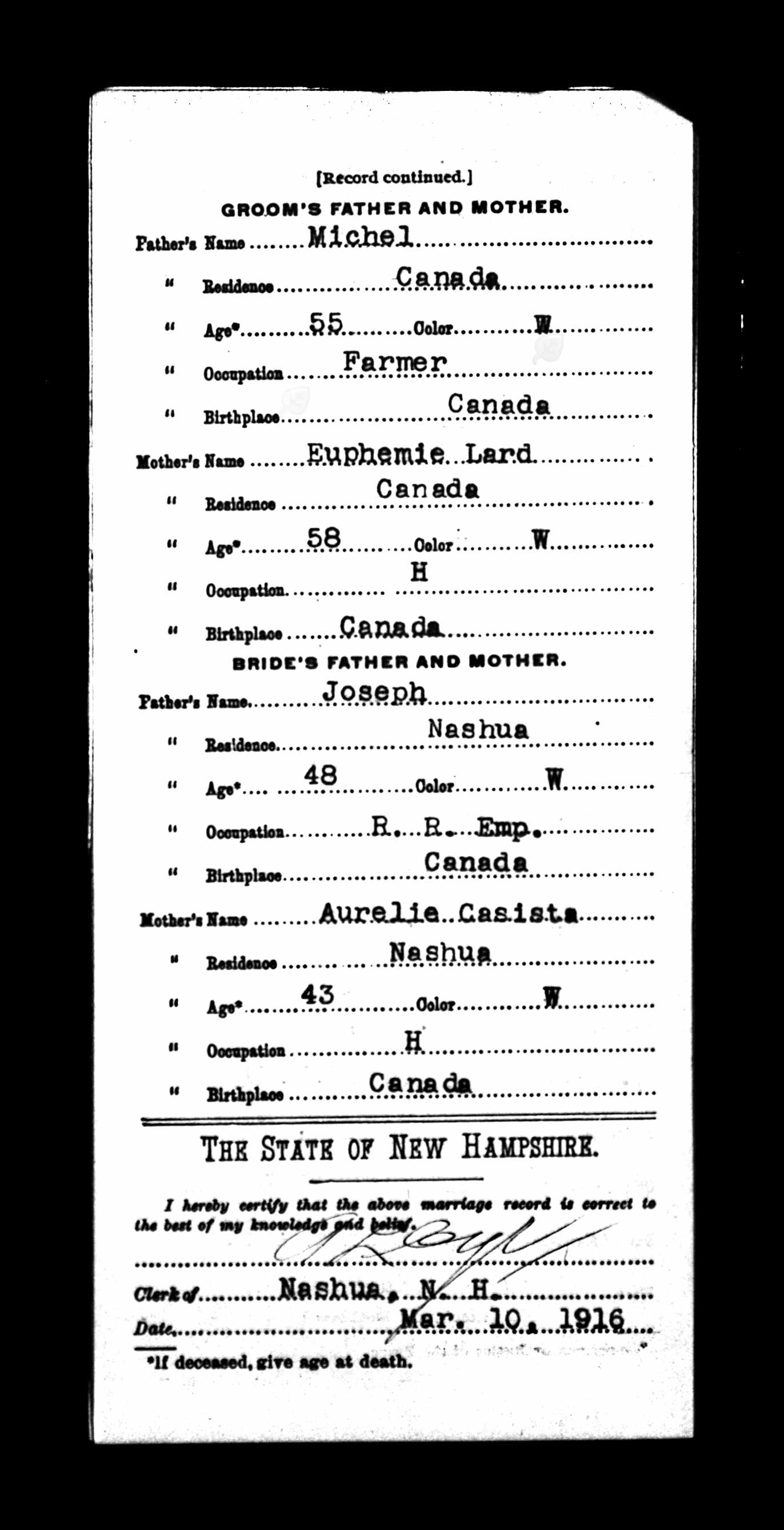 Enregistrement du mariage, verso