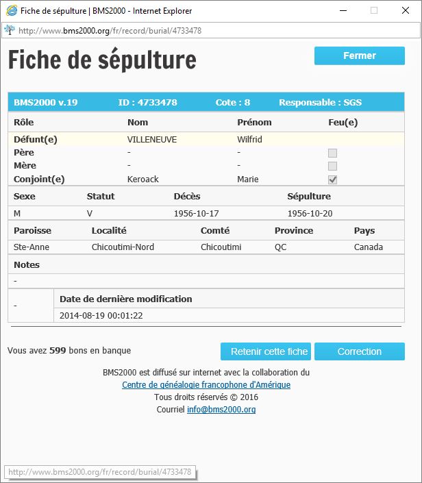 Fiche de sépulture de la base de données BMS2000