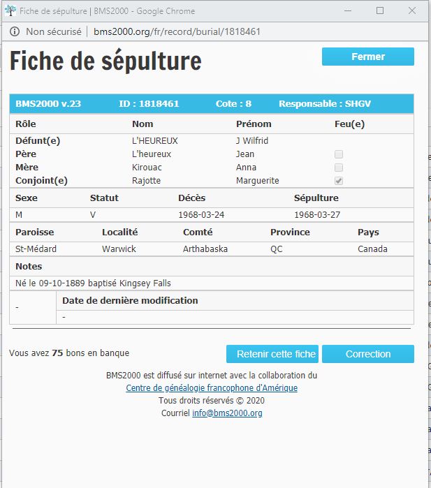 Fiche de sépulture de la base de données BMS2000