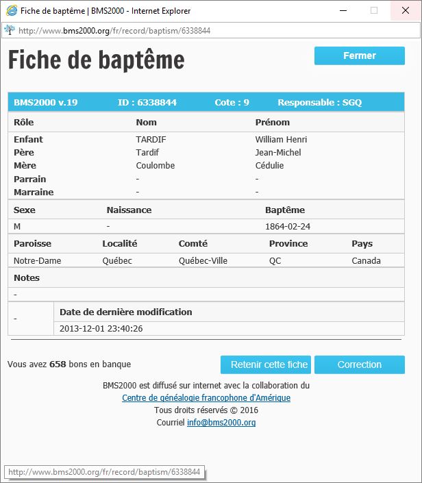 Fiche de baptême de la base de données BMS2000