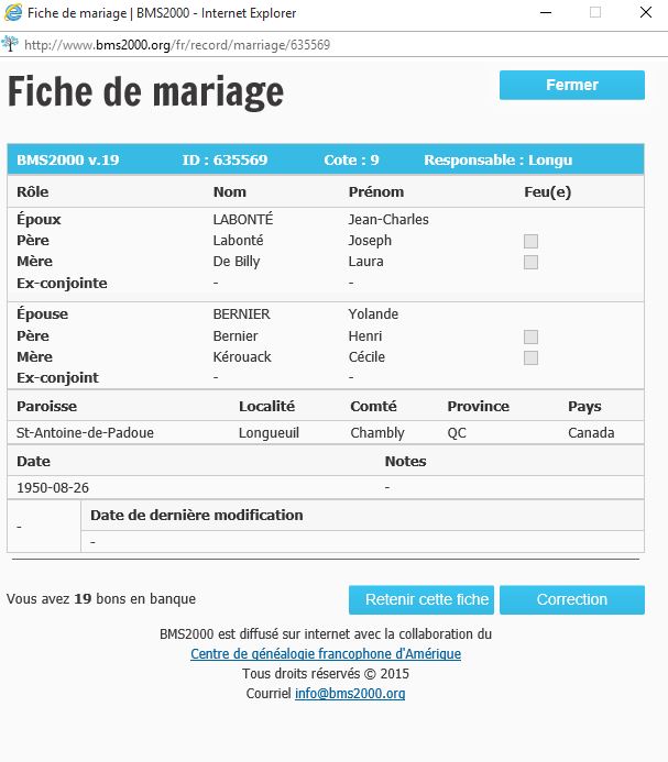 Fiche de mariage de la base de données BMS2000
