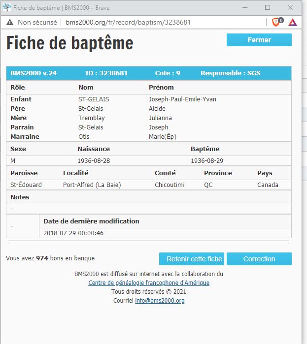 Fiche de baptême de la base de données BMS2000