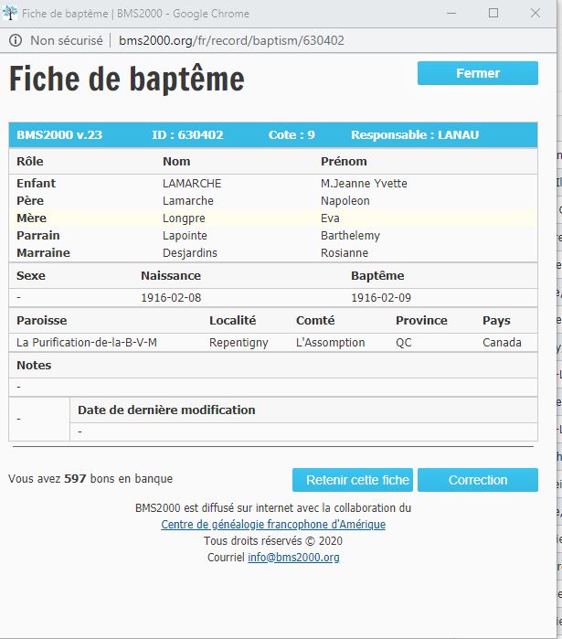 Fiche de baptême de la base de données BMS2000