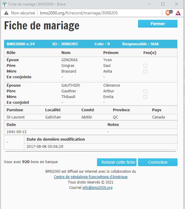 Fiche de mariage de la base de données BMS2000
