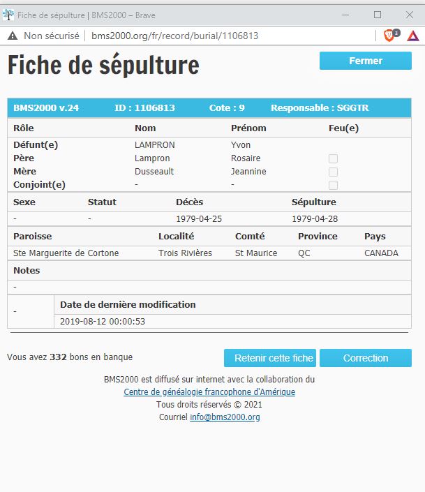 Fiche de sépulture de la base de données BMS2000