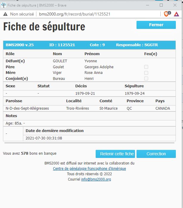 Fiche de sépulture de la base de données BMS2000