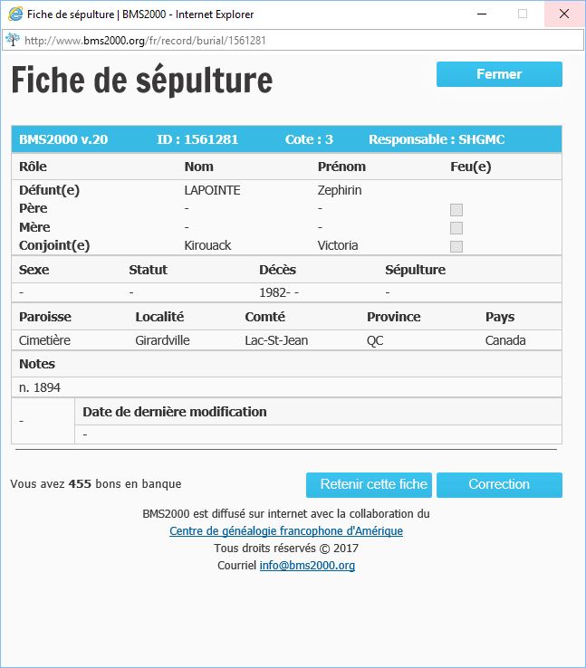 Fiche de sépulture de la base de données BMS2000 Fiche de sépulture de la base de données BMS2000